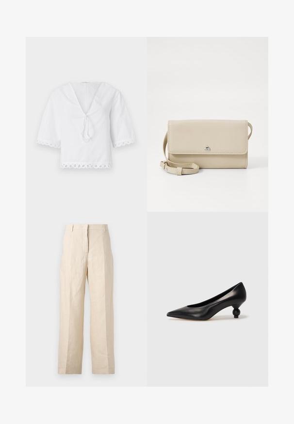 White cotton blouse with a v-neck, tie detail at the front, and scalloped lace trim on sleeves and hem. Short puff sleeves.; Beige linen trousers with a loose fit, pleated front, and straight legs. Features a waistband with belt loops and no visible pockets.; Black leather high heel shoe with a pointed toe and a round, balled heel. Smooth texture with a sleek, minimal design.; Beige leather shoulder bag with a flap closure, silver hardware, and a detachable strap. Smooth texture and simple rectangular shape.