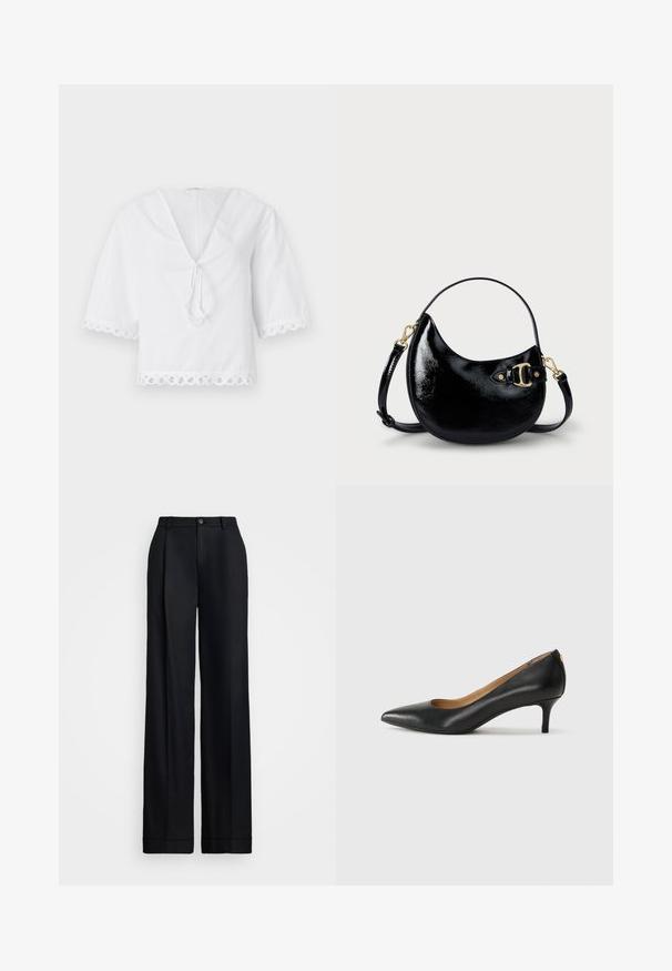White cotton blouse with a v-neck, tie detail at the front, and scalloped lace trim on sleeves and hem. Short puff sleeves.; Black wide-leg trousers featuring a smooth finish, flat front, belt loops, and a single button closure at the waist.; Black leather pump with a pointed toe, low heel, and a smooth texture. Features a slight opening at the front and minimal hardware at the back.; Black patent leather handbag with a curved shape, adjustable strap, and gold-tone hardware detail on the side. Smooth, shiny texture.