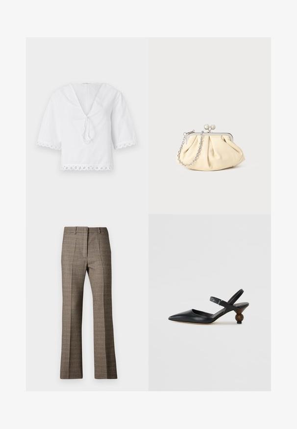Hvid bomuldsbluse med v-hals, slipsedetalje foran og bølget blondestof på ærmerne og i kanten. Kort puffede ærmer.; Bruneternet bukser med lige ben, der har et tekstureret stof og subtile farver af beige og mørkere brune nuancer i mønsteret.; Sort læderslyngesko med spidse tæer, buet design og en rund træ-lignende hæl. Har en smal ankelrem.; Plisseret beige læderclutch med en sølvmetalramme, der har to runde dekorative låse og en sølvkædetrasporte.