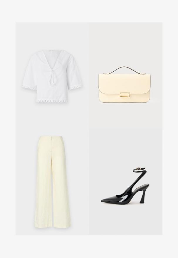 Valge puuvillane pluus V-kaelusega, ees sideelement ja lainelise pitsäärisega varrukad ning helks. Lühikesed puhvvarrukad.; Faithfull the brand LULEA PANT - Püksid - white; Mustad läikivad patendiga slingback-kõrged kontsad, millel on terav põlv ja reguleeritav pahkluu rihm, ning mõõdukas plokknukk. Sile tekstuur läikiva viimistlusega.; Kreemivärvi nahast käekotil on ülemine käepide ja kuldsetooniline ristkülikukujuline klamber, mis on paigutatud ühelevärvilisele heledale taustale.