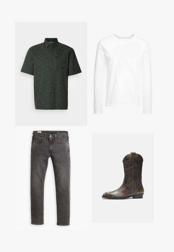 Short-sleeve shirt in dark green with a geometric pattern. Features a collar, front pocket, zip accent, and a subtle logo on the chest.; Long-sleeve white t-shirt made of soft cotton. Crew neckline with straight cut hems and no visible patterns or graphics.; Gray denim jeans with a straight cut, five-pocket design, and a button fly. Features subtle fading and tonal stitching throughout.; Brown leather cowboy boot with a tall shaft, pointed toe, intricate stitching patterns, and a small heel. Textured finish throughout.