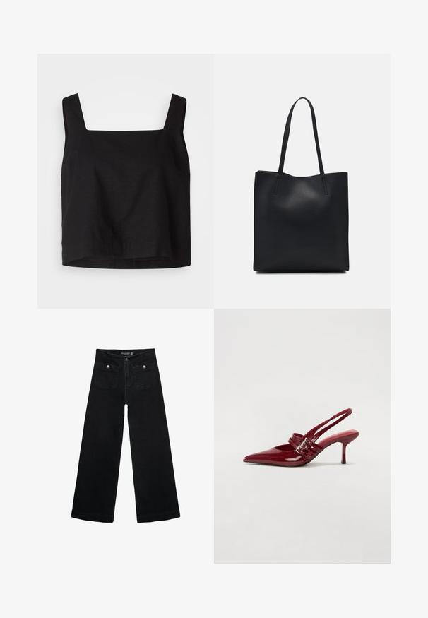 Crni skraćeni top s kvadratnim izrezom, napravljen od platnenog materijala. Ima široke naramenice i blago opušteni kroj s ravnim rubom.; Crne široke traperice s visokim strukom, koje imaju dva prednja džepa i metalne gumbe kao ukrase. Tkanina ima glatku teksturu.; Crvene patent kožne sandale s upetačom, oštrim vrhom, dva remena s kopčama i tankim, srednje visokim štiklama. Glatka tekstura.; Crna kožna torba za nošenje s glatkom teksturom, pravokutnim oblikom i dvije duge ručke. Nema vidljivih metalnih dijelova ili ukrasa.
