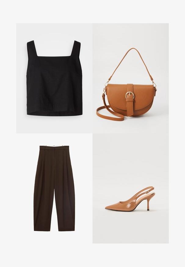 Zwarte cropped top met een vierkante halslijn, gemaakt van linnen stof. Heeft brede schouderbanden en een iets losse pasvorm met een rechte zoom.; Bruine high-waisted broek met plooien, gemaakt van soepel materiaal. Loose fit, rechte pijpen, met riemlussen en een ritsluiting.; Puntige slingback hak in een glad, glanzend beige materiaal. Bevat een gebogen uitsnijdontwerp en een slanke stiletto hak. Zilveren gesp detail.; Bruine leren schoudertas met een gebogen vorm, gouden hardware en een gespaccent. Bevat een afneembare schouderriem.