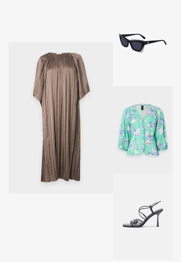 Marc Cain Blúzka - light green; Hnedé plisované šaty vyrobené z hladkej tkaniny s okrúhlym výstrihom a voľnými rukávmi, ktoré majú vertikálne skladané detaily po celej ploche.; Čierne sandále na vysokom podpätku majú tenké remienky s uzlovým dizajnom, hladký štvorcový špičku a elegantný stiletto podpätok.; Čierne oversized slnečné okuliare s geometrickým tvarom, s tmavými šošovkami a kontrastným šedým detailom na ráme. Logo na mostíku.; Strieborné kruhové náušnice s hladkým a lesklým povrchom. Okrúhly tvar, ľahký dizajn, s uzáverom na kolík.