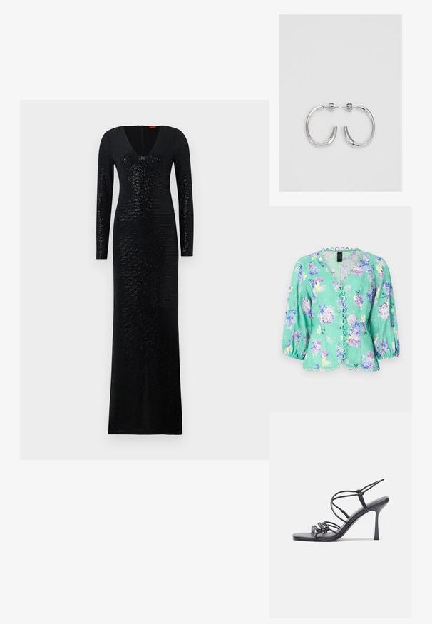 Marc Cain Blus - light green; Lång svart klänning med V-ringning och långa ärmar. Tillverkad av textil med struktur som har vertikala linjer och skimrande paljetter över hela.; Svarta högklackade sandaler har tunna remmar med en knuten design, en slät fyrkantig tå och en smal stilettklack.; Ljusgrå metallisk handväska med kedjestropp, prydd med små cirkulära metallnitar och en triangulär logotyp.; Silverfärgade hängande örhängen med en slät, blänkande yta. Rundad form, lätt design, med ett stift- och bakstängning.