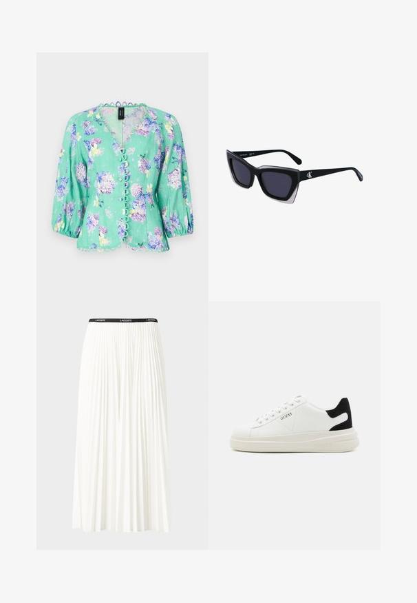 Marc Cain Bluse - light green; Faltenrock aus Weiß mit einem schwarzen elastischen Bund, der das "LACOSTE"-Logo trägt. Mittellanges Design mit weicher Textur.; Weiße Leder-Sneaker mit einer dicken weißen Sohle, schwarzem Wildlederakzent an der Ferse und geprägtem Logo an der Seite. Schnürdesign mit sechs Ösen.; Schwarze übergroße Sonnenbrille mit geometrischer Form, ausgestattet mit dunklen Gläsern und einem kontrastierenden grauen Detail im Rahmen. Logo am Bügel.