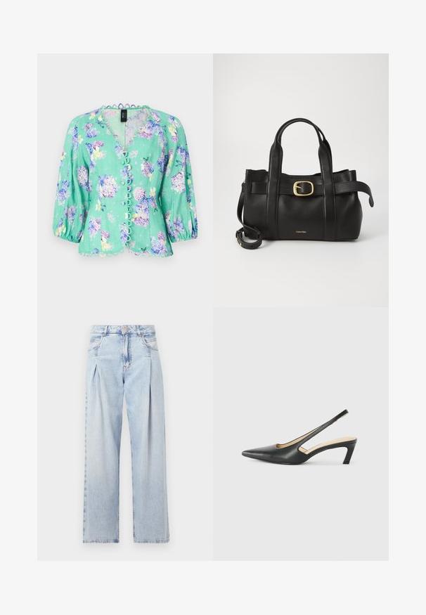 Marc Cain Blúz - light green; Világoskék farmernadrág magas derekú, bő szabású, két oldalsó zsebbel és pliszírozott dizájnnal. Puha tapintású, elhalványított felület.; Fekete, hegyes orrú, slingback cipő alacsony sarkával, sima bőrből készült, oldalt kivágott deisgnal a légáteresztőképesség érdekében.; Fekete bőr kézitáska, amely strukturált kialakítással rendelkezik, dupla felső fogantyúval, arany tónusú csattal és a márka dombornyomott logójával az elején.