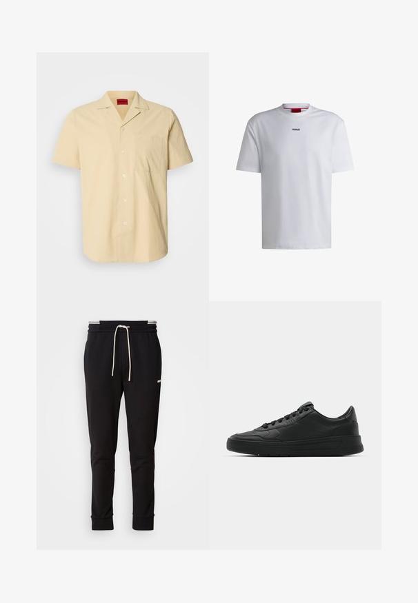Cămașă cu mânecă scurtă, de culoare galben deschis, realizată dintr-un material texturat. Dispune de un guler tip punct și un buzunar pe piept, cu nasturi albi.; Tricou alb din bumbac cu mâneci scurte, decolteu în formă rotundă și un logo negru "HUGO" pe piept. Textură netedă, croială casual, fără modele.; Pantaloni jogger slim-fit negri cu șnur alb, manșete ribbate și un logo discret pe coapsa superioară, pe un fundal simplu.; Nike sport cu partea superioară din piele netedă, vârf rotund, sireturi plate, guler căptușit și design minimalist. Talpă din cauciuc cu un model discret de profil.
