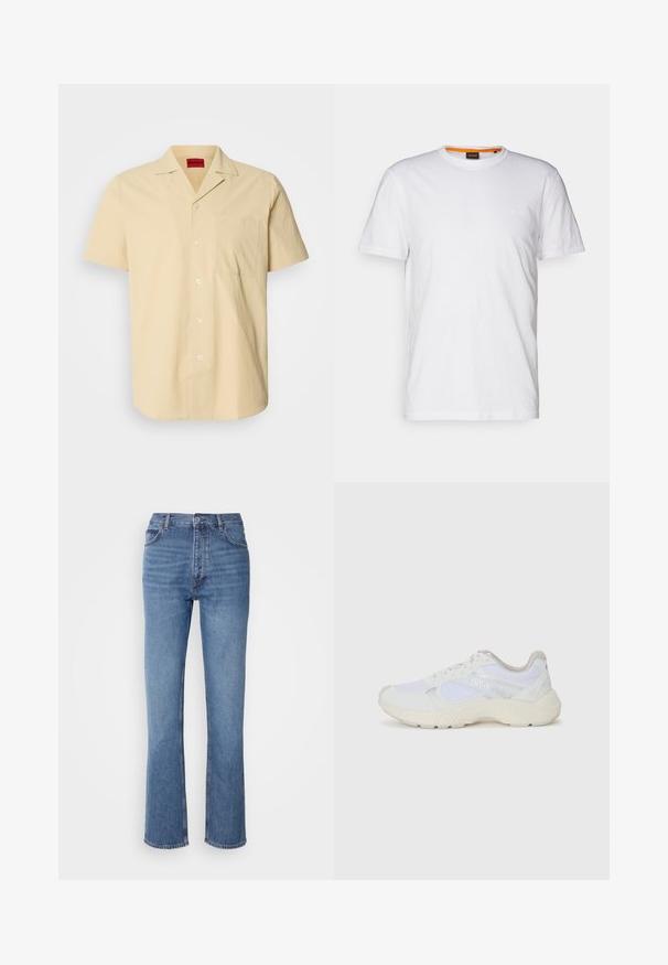 Kortermet, lysegul skjorte laget av strukturert stoff. Har krage med spiss og brystlomme, med hvite knapper.; Hvit t-skjorte av bomull med rund hals, korte ermer og en subtil preget logo på brystet. Innvendig etikett har en oransje aksent.; Blå denimjeans med høy midje, rett ben-design og subtil falming. Har klassisk fem-lomme stil og glidelås lukking.; Hvit idrettssko laget av mesh og skinn, med en teksturert mellomsåle, teksturerte detaljer og "HUGO"-logo på siden.