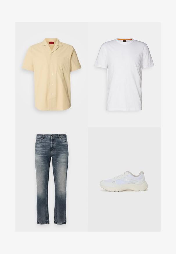 Camicia a maniche corte di colore giallo chiaro, realizzata in tessuto testurizzato. Presenta un collo alla francese e una tasca sul petto, con bottoni bianchi.; T-shirt bianco in cotone con collo rotondo, maniche corte e un logo a rilievo discreto sul petto. L'etichetta interna ha un accento arancione.; Jeans in denim blu con taglio dritto. Aree leggermente sbiadite, design classico a cinque tasche e chiusura con un singolo bottone in metallo in vita.; Scarpe da ginnastica bianche in mesh e suede, con una suola intermedia testurizzata, dettagli testurizzati e il logo "HUGO" sul lato.