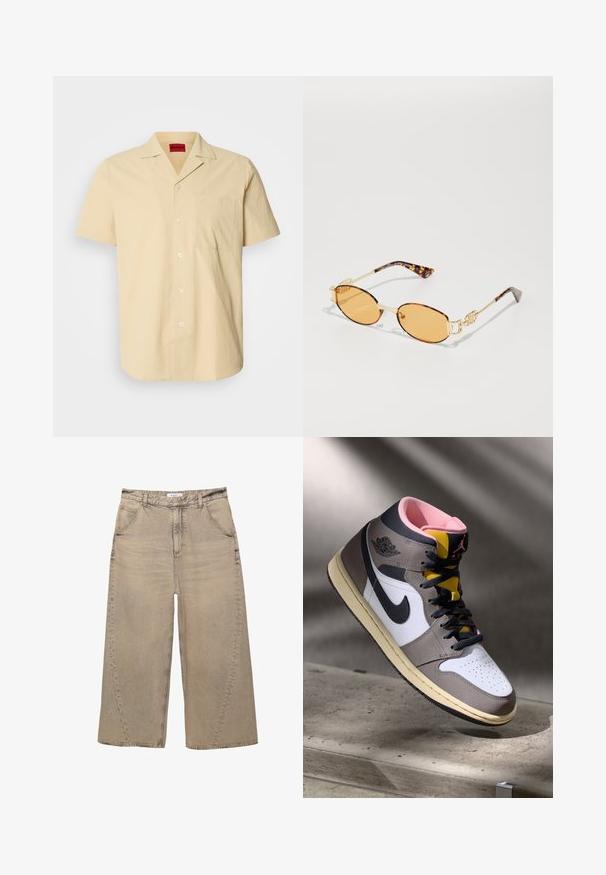 Camicia a maniche corte di colore giallo chiaro, realizzata in tessuto testurizzato. Presenta un collo alla francese e una tasca sul petto, con bottoni bianchi.; PULL&BEAR MEGA BAGGY - Jeans baggy - light grey; Sneaker Nike Air Jordan alta in bianco, grigio e nero con interno rosa e linguetta gialla, posizionata su una superficie di cemento.; Occhiali da sole ovali con montatura in metallo dorato, lenti arancioni e bracci con motivo tartarugato. Texture liscia e dettagli distintivi a catena.; Borsa a tracolla in pelle verniciata bordeaux con forma rettangolare, due manici, accessori in argento e chiusura a patta.