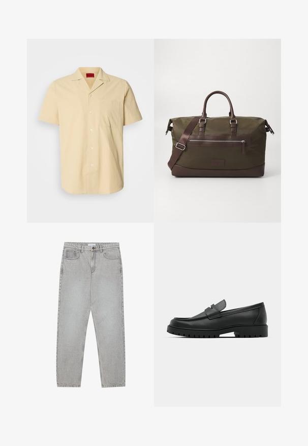 Kortebloemige, lichtgele shirt van gestructureerde stof. Heeft een puntkraag en een borstzak, met witte knopen.; Lichtgrijze denimbroek met een recht model, vijfzakkenstijl en een knoopsluiting. Zichtbare stiksels langs de naden.; Zwarte leren instappers met een ronde neus, voorzien van een gestikt ontwerp, een lage platformzool en een gestructureerde, grof rubberen buitenzool.; Canvas reistas in olijfgroen met bruine leren accenten, voorzien van dubbele handgrepen, een afneembare schouderriem en een voorzak met rits.