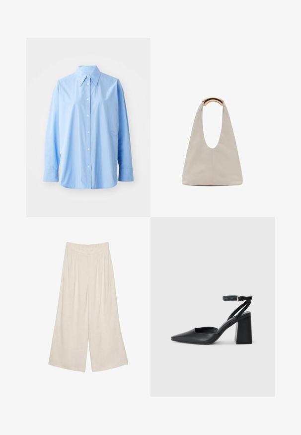 Ljusblå skjorta i bomull med knäppning. Har klassisk krage, långa ärmar och subtil broderad detalj på vänster sida.; Linnenbyxor med vida ben i en ljusbeige färg, med en plisserad design och ett elastiskt midjeband för komfort och enkel användning.; Svart läderpumps med spetsig tå, ankelrem och kraftig klack. Slät textur, stilren design och minimalistisk estetik.; Ljusgrå läderväska med en U-formad design och ett böjt metallhandtag. Slät textur med minimal sömnad och inga synliga mönster.