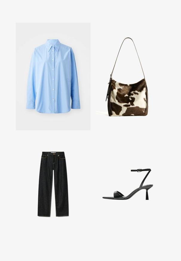 Light blue button-up shirt made of cotton. Features a classic collar, long sleeves, and subtle embroidered detail on the left side.; Dark denim jeans with a straight-cut design, brass button closure, and contrasting yellow stitching. Features five pockets and a classic fit.; Bershka High heeled sandals - black; Brown and cream cowhide shoulder bag with a smooth leather strap, zip closure, and a soft, textured surface featuring a natural pattern.