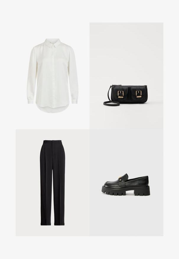Fehér, hosszú ujjú ing klasszikus gallérral, sima textúrával és gombos záródással. Lekerekített hem és enyhén puffos ujjak.; Fekete, testre szabott nadrág magas derékkal, elöl redőkkel, egyenes láblineáris kialakítással és halkézével. Sima anyagból készült.; Fekete bőr loaferek masszív talppal, elöl arany színű díszítéssel és sima felülettel. A talpon vastag mintázat található.; Fekete bőr keresztbody táska két elülső zsebbel, arany csattokkal, cipzáras záródással és vékony pánttal. Textúrált felület és kompakt téglalap alak.