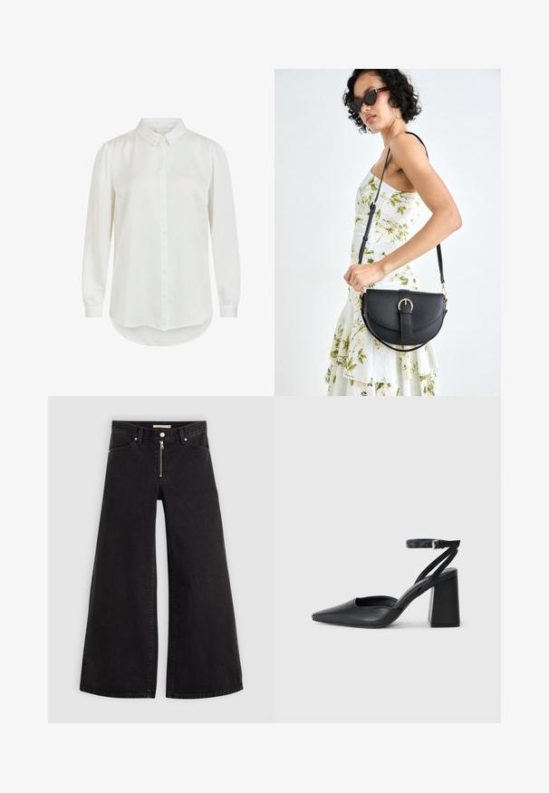 Valge pika varrukaga särk klassikalise kraega, millel on sile tekstuur ja nööpidega sulgemine. Ümar hem ja kergelt puhvvarrukad.; Laiad teksad mustast denimist, millel on lukuga eesmine osa, viie taskuga disain ja peened õmblusdetailid. Sile tekstuur ja juhuslik stiil.; Mustmustest must-käigukingad, millel on konksuga nöör ja paks konts. Ühtlane tekstuur, stiilne disain ja minimalistlik esteetika.; Mustmust mustraha kõverate joontega, eemaldatava rihmaga ja kuldsete detailidega. Kotil on klapp, millel on pandladetail.