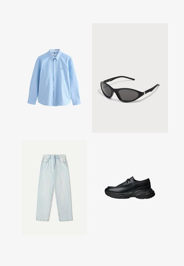 Chemise à manches longues bleu clair, boutonnée, en coton avec un col classique, présentant un petit logo brodé sur la poitrine gauche.; T-shirt en coton couleur crème à manches courtes et col rond, avec le texte "LES DEUX" dans un design courbé sur la poitrine.; Jeans en denim bleu clair avec une coupe décontractée, un design à jambe droite, un style à cinq poches et une légère décoloration sur le tissu.; Chaussures en cuir noir à enfiler avec un bout arrondi et une semelle en caoutchouc texturée épaisse. Présente des coutures discrètes et des accents élastiques au niveau du col.; Lunettes de soleil cat-eye noires avec des montures mates élégantes, des verres sombres et des accents en argent sur les branches. Design moderne avec une forme aiguë.