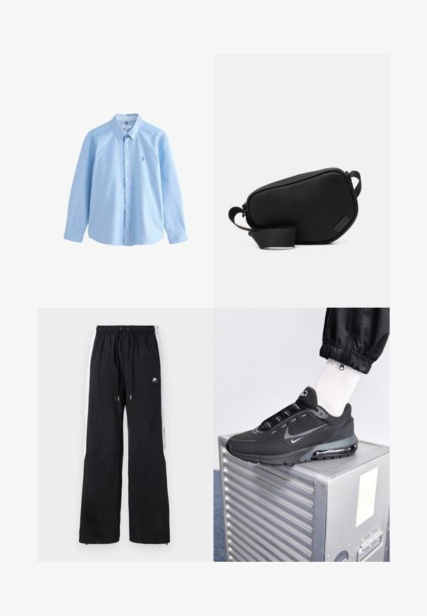 Camisa de botones de manga larga de color azul claro, hecha de algodón, con un cuello clásico, que presenta un pequeño logo bordado en el lado izquierdo del pecho.; Camiseta de algodón negra con mangas cortas, cuello redondo, que presenta un pequeño logo rectangular con "NIKE AIR" en blanco en el lado izquierdo del pecho.; Pantalones deportivos negros con cinturilla elástica, rayas laterales blancas, puños con cremallera y un detalle de logo en goma en la parte delantera.; Nike Sportswear PULSE - Zapatillas - black/anthracite; Bolso cruzado negro con cremallera, elaborado en material suave, con una forma plana, una sola correa y un pequeño acento de logo. Diseño minimalista.