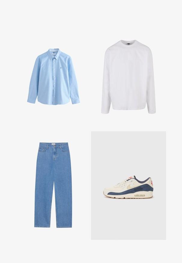 Hellblaues langärmeliges Button-Up-Hemd aus Baumwolle mit klassischem Kragen, mit einem kleinen gestickten Logo auf der linken Brust.; Langärmliges weißes Baumwoll-T-Shirt mit rundem Ausschnitt, lässiger Passform und ohne sichtbare Muster oder Akzente. Glatte Textur.; Hellblaue Jeans aus Denim mit geradem Schnitt, fünf Taschen-Design, Knopfverschluss und dezenten Nähten an den Säumen.; Sneaker mit einem Obermaterial aus cremefarbenem Leder und marineblauem Wildleder, sichtbar luftgefüllter Sohle, beiger Gummisohle und rotem Akzent an der Ferse.