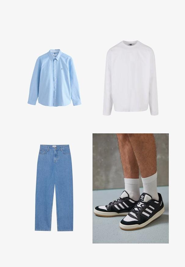 Svietlo modrá košeľa s dlhým rukávom, zapínaním na gombíky, vyrobená z bavlny s klasickým golierom, s malým vyšívaným logom na ľavej hrudi.; Biela bavlnená tričko s dlhým rukávom, s okrúhlym výstrihom, vo voľnom strihu, bez viditeľných vzorov alebo akcentov. Hladká textúra.; Svetlomodré denimové nohavice s rovnými nohavicami, dizajnom s piatimi vreckami, zapínaním na jeden gombík a jemnými švovými detailmi.; Čierno-biele tenisky s vrchom z semišu a kože, s troma bielymi pruhmi, perforovanou špičkou a gumovou podrážkou.