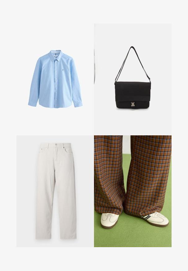 Svetlo modra dolga srajca z gumbi iz bombaža s klasičnim ovratnikom, ki ima majhen vezen logotip na levem prsnem delu.; Bela bombažna majica s kratkimi rokavi in krožnim izrezom. Ima osrednji črni grafični motiv metulja z vzorcem plamenov. Gladka tekstura.; Svijetlosmeđi traperice visokog struka u ravnom kroju. Izrađene su od debelog pamučnog materijala s istaknutim prednjim džepovima i jednim metalnim dugmetom.; Rjave in modre kariraste hlače širokih nogavic, v kombinaciji z belimi čevlji, ki imajo črne poudarke in teksturirane podplate, na zeleni podlagi.; Črna torba za sporočila iz gladkega materiala, z zložljivim pokrovom, srebrno sponko in nastavljivim naramnim trakom.