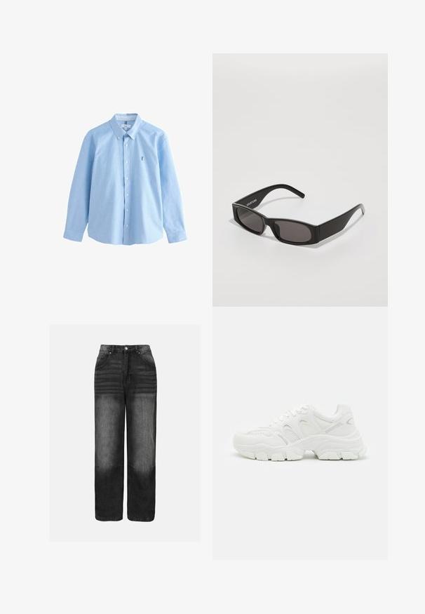 Svetlo modra dolga srajca z gumbi iz bombaža s klasičnim ovratnikom, ki ima majhen vezen logotip na levem prsnem delu.; Črne jeans hlače iz denima z efektom bledenja, s poudarjenim pasom, zasnovo petih žepov in ravnim krojem. Vidni so kovinski deli in detajli šivanja.; Beli atletski tenis z mrežastim zgornjim delom in usnjenimi dodatki, teksturiran gumijast podplat ter masiven dizajn z opaznimi konturami.; Črne pravokotne sončna očala s temnimi lečami, gladkim plastičnim okvirjem in subtilnim logotipom na levem ročaju. Minimalistična zasnova.