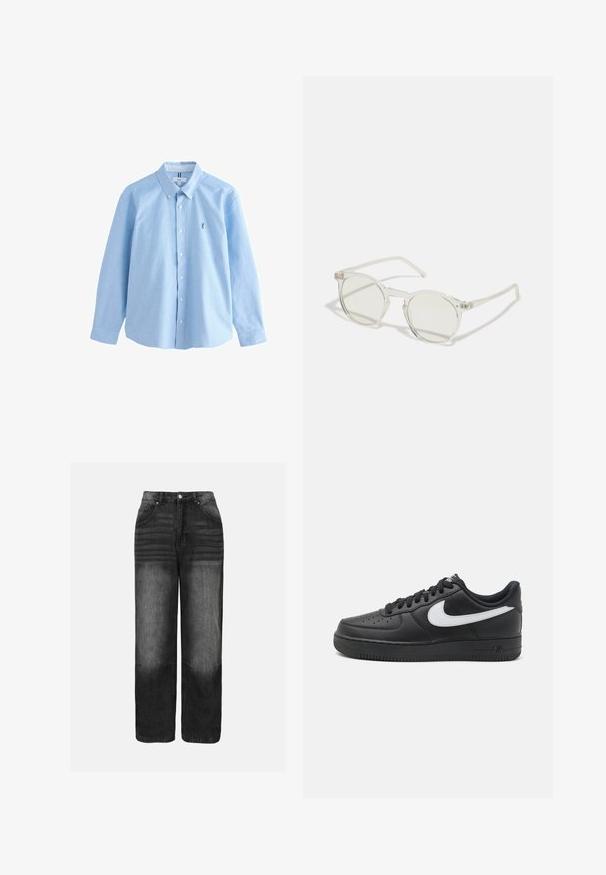Vaaleansininen pitkähihainen nappipaita, joka on valmistettu puuvillasta ja jossa on klassinen kaulus. Paidassa on pieni brodeerattu logo vasemmassa rinnassa.; Mustat farkut, joissa on haalistumistehoste, korkealla vyötäröllä, viiden taskun suunnittelulla ja suoralinjaisella leikkauksella. Metalliosat ja ompeluyksityiskohdat ovat näkyvissä.; Mustat Nike Air Force 1 -kengät, joissa on sileä nahkapinta, valkoinen logo, rei'itetty varvasosa ja teksturoitu kumipohja.; Pyöreät aurinkolasit, joissa on läpinäkyvä kehys, vaalean vihreät linssit ja ohuet, kirkkaat saranaosat. Kehyksessä on hienovaraisia metallisosia.; Harmaa corduroy-laukku, jossa on kaksi lyhyttä kahvaa, etutasku ja suuri musta kirjain "K". Sulkeutuu napilla ja siinä on teksturoidusta materiaalista valmistettu pinta.