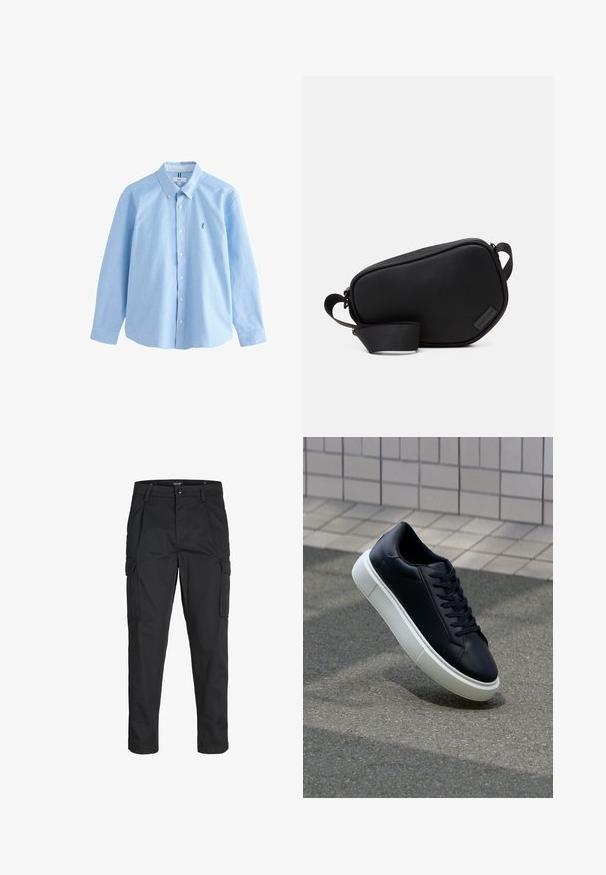 Světle modrá pánská košile s dlouhým rukávem a knoflíkovým zapínáním, vyrobená z bavlny, s klasickým límcem a malým vyšitým logem na levé části hrudi.; Černé cargo kalhoty vyrobené z odolné tkaniny, s mnoha kapsami, knoflíkovým zapínáním a slim fit střihem se zúženými nohavicemi.; Černé kožené tenisky s kulatou špičkou a bílou gumovou podrážkou. mají ploché tkaničky a minimální šití na svršku. Texturovaná podrážka pro lepší přilnavost.; Černá crossbody taška se zipem, vyrobená z hladkého materiálu, s plochým tvarem, jedním popruhem a malým logem. Minimalistický design.