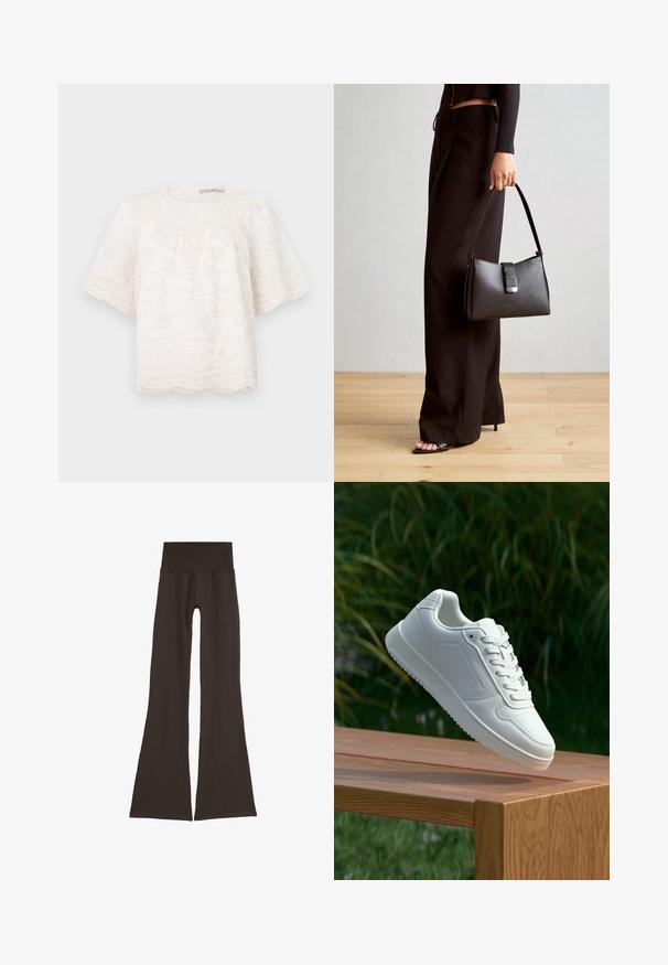 Blusa bianca ricamata con maniche corte a sbuffo, orlo a scallop e motivi floreali su tutta la superficie. Tessuto morbido e testurizzato. Scollatura rotonda.; Leggings a campana di un marrone scuro con un'ampia vita a coste. Realizzati in materiale morbido ed elasticizzato, presentano un design senza cuciture e senza hardware visibile.; Sneaker bianco con tomaia in sintetico liscio, punta perforata, lacci piatti e suola testurizzata, esposto su una superficie di legno.; Borsa nera con forma strutturata, texture liscia e una chiusura metallica. Abbinata a pantaloni neri larghi e sandali open-toe su un pavimento in legno.