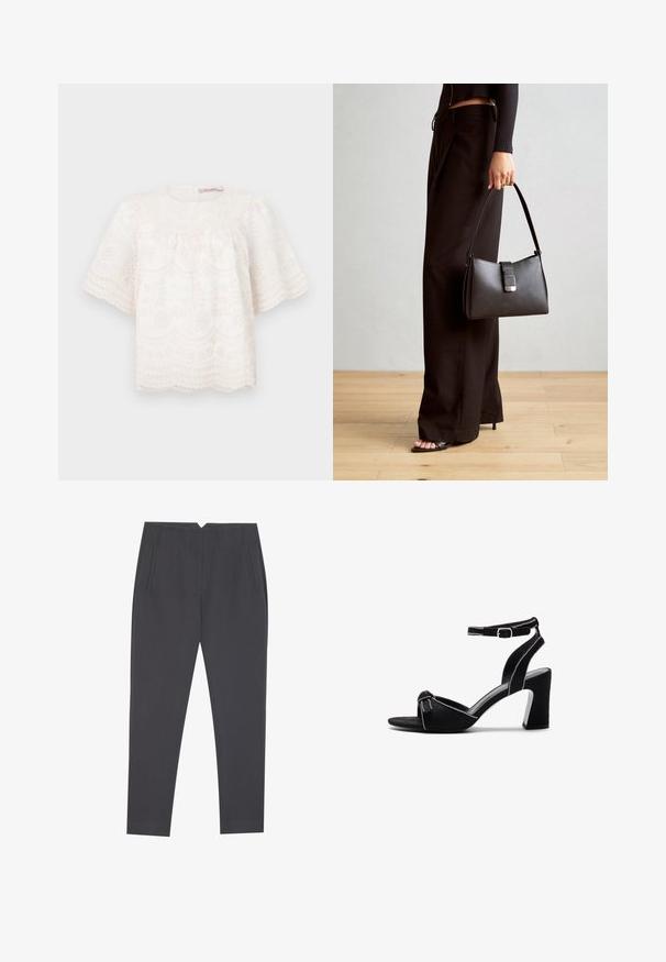 Balta izšūtā blūze ar īsām, puffed piedurknēm, viļņotām malām un ziedu rakstiem visā virsmā. Mīksta, teksturēta auduma. Apaļa dekoltē.; Tumši pelēki iešūti bikses ar sānu kabatām un priekšējiem piegriezumiem, kas izstrādātas pieguļošai piegriezuma formai.; Melnas zamšādas kurpes ar papēdi uz augstiem blokiem, ar regulējamu potītes siksniņu, atvērtu purngali un kontrastējošu izšuvumu.; Melnā somiņa ar strukturētu formu, gludu tekstūru un metālu sprādzi. Saskaņota ar platām melnām biksēm un sandālēm ar atvērtu purngalu uz koka grīdas.