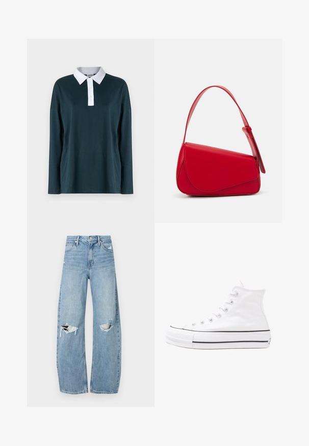 Pánská polo košile s dlouhým rukávem v tmavě tyrkysové barvě, s bílým límcem a zapínáním na knoflíky. Hladká tkanina, volný střih a spadlé ramena.; Světle modré džíny s vysokým pasem vyrobené z denimu. Mají široké nohavice, dvě roztržené oblasti na kolenou a klasický pětikapsový střih.; Bílé vysoké plátěné tenisky s černou gumovou podrážkou, přední gumovou špičkou a šesti očky na tkaničky, se čistým, minimalistickým designem.; Červená kožená kabelka s ostrým, geometrickým designem. Má jeden nastavitelný popruh a klopu s prošívanými detaily.