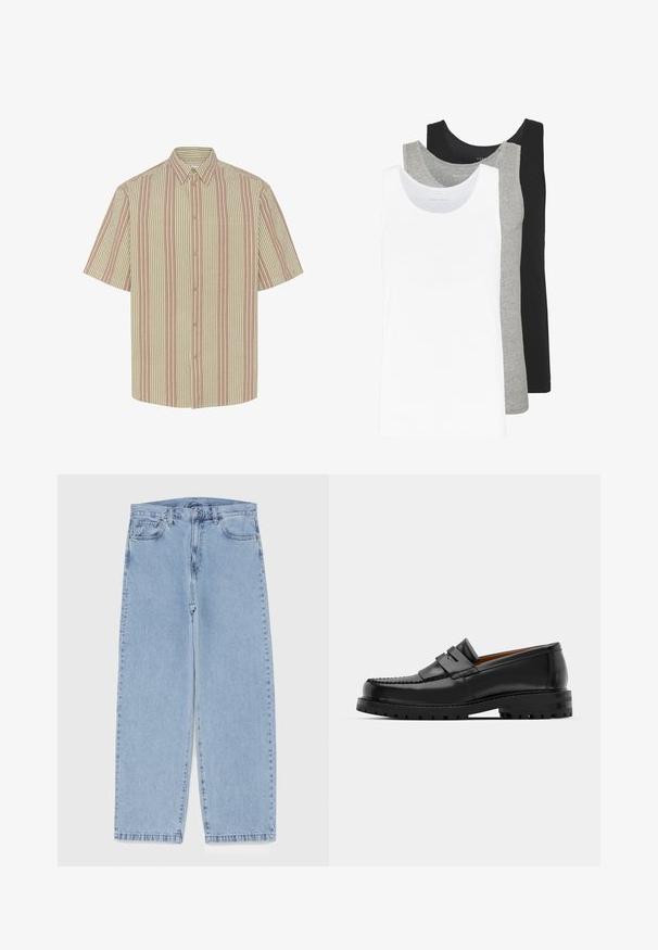 Lyhythihainen paita, jossa on napillinen kaulus, ja joka esittelee vuorottelevia raidoituksia vaaleanbeigeissä ja vaaleanpunaisissa sävyissä. Sisältää rintataskun.; Kolme hihattomaa toppia valkoisena, harmaana ja mustana. Jokaisessa on klassinen hihaton muotoilu, ja ne on valmistettu kevyestä puuvillakankaasta, jossa on ribbausrakenne.; Vaaleansiniset farkut suoran lahkeen muotoilulla, joissa on puolivälin vyötärö, viisi taskua sekä nappi- ja vetoketjusuljenta.; Mustat nahka loafit sisältävät kohoavan sauman, kaksi koristeellista nauhaa yläosassa ja paksun teksturoidun pohjan parempaa pitoa varten.