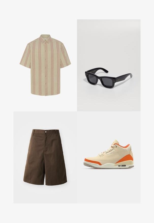 Lyhythihainen paita, jossa on napillinen kaulus, ja joka esittelee vuorottelevia raidoituksia vaaleanbeigeissä ja vaaleanpunaisissa sävyissä. Sisältää rintataskun.; Ruske puuvillashortsit, joissa on suora malli. Shortseissa on nappikiinnitys, vyölenkit ja ei näkyviä kuvioita tai yksityiskohtia.; Beige lenkkarit oransseilla yksityiskohdilla, kanvasta valmistettu päällinen, teksturoitu yksityiskohta kantapäässä ja näkyvä ilmanpito alushousuissa.; Mustat aurinkolasit, joissa on kiiltävä pinta, suorakulmainen kehys, tummat linssit ja kultaiset logokoristeet pitoissa. Kaksi kultapistettä jokaisessa etukulmassa.; Musta nailoninen viestintä laukku etuläpällä, säädettävällä hihnalla ja muovisoljella. Lahjakkuuteen kuuluu teksturoitu tuotemerkki hihnassa ja laukussa.