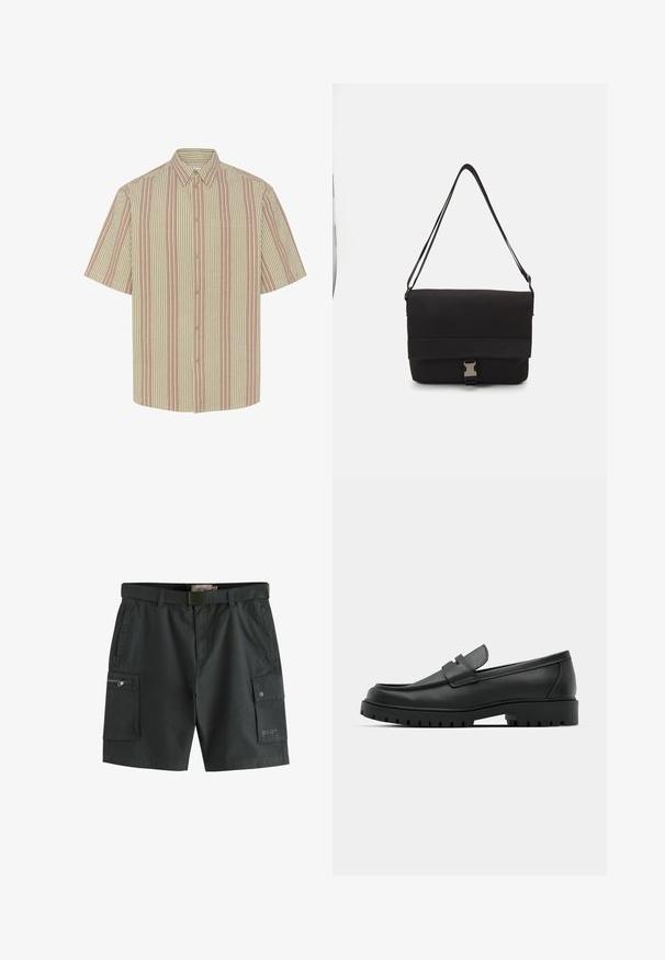 Rövid ujjú ing gombos gallérral, váltakozó bézs és világos piros csíkos mintázattal. Mellzsebbel rendelkezik.; Sötétszürke cargo bermuda nadrág övvel. Jellemzői közé tartozik a sok zseb, egy cipzáras zseb a bal lábon, valamint egy texturált anyag.; Fekete bőr loafer cipők kerek orral, varrott mintázattal, alacsony platformtalpú és texturált, barázdált gumitalppal.; Fekete üzenetküldő táska sima anyagból, hajtókás fedéllel, ezüst csattal és állítható vállpánttal.