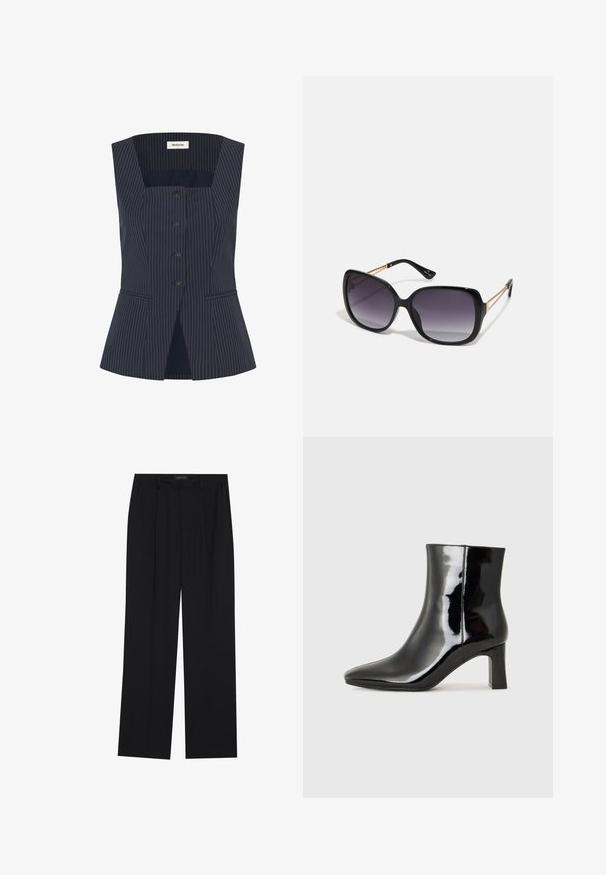 Marineblå pinstripet ermeles vest med firkantet halslinje, med knappelukking foran, to sidelommer og en liten utforming ved kanten.; Sorte bukser med rette ben, som har to frontlommer og en talje. Laget av et glatt, lett stoff.; Sorte patentlær ankle boot med spiss tå og en mellomhøy blokkhelt. Glatt tekstur og minimalistisk design.; Sorte oversized solbriller med gradient linser, tykke rammer og detaljering med gulltonekjede på tempelarmene.