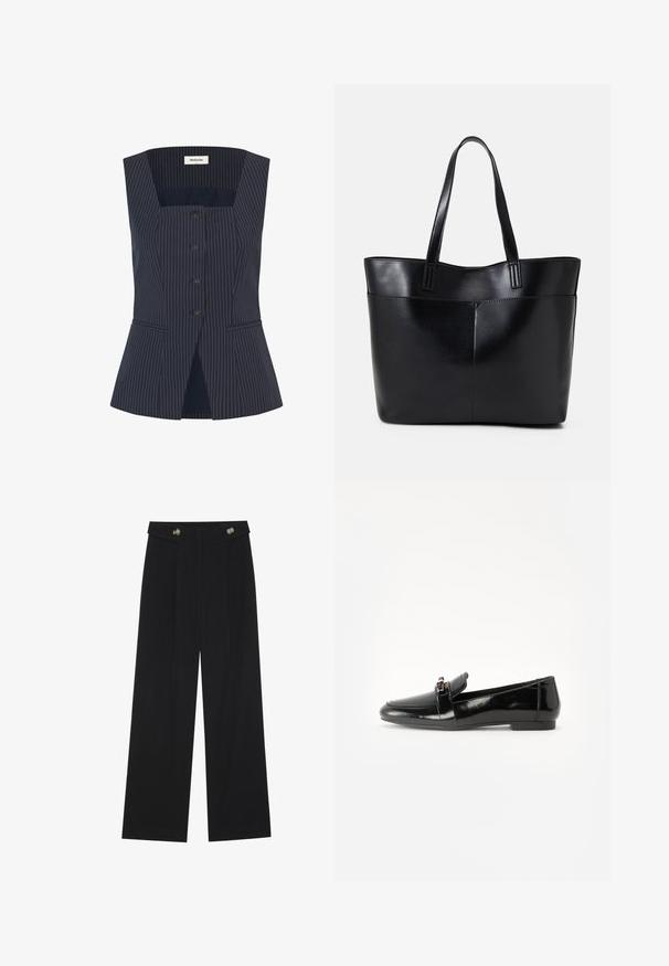 Navy pinstriped sleeveless vest with a square neckline, featuring a button front, two side pockets, and a slight flare at the hem.; Black wide-leg trousers with high waist, button details on waistband, and front pleats.; Black patent leather loafer with a flat sole, rounded toe, and a decorative strap featuring a gold-tone accent. Smooth, shiny finish.; Black leather tote bag with two long handles, a smooth texture, and a structured shape. Features a front pocket for additional storage.