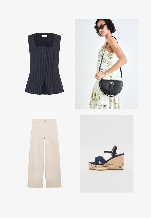 Vesta fără mâneci, bifă albastră cu dungi verticale, având un decolteu pătrat, cu închidere cu butoane, două buzunare laterale și o ușoară evazare la tiv.; Jeans bej cu picioare largi și talie înaltă, cu închidere cu buton, buzunare frontale și tiv desfăcut. Fabricate din material denim.; Sandale cu toc wedge de culoare bleu marin, cu curele încrucișate, o platformă din fibră naturală texturată și un accent metalic auriu pe bază.; Geantă din piele neagră, cu o formă curbată, curea detașabilă și accesorii aurii. Geanta are un capac cu un detaliu tip cataramă.