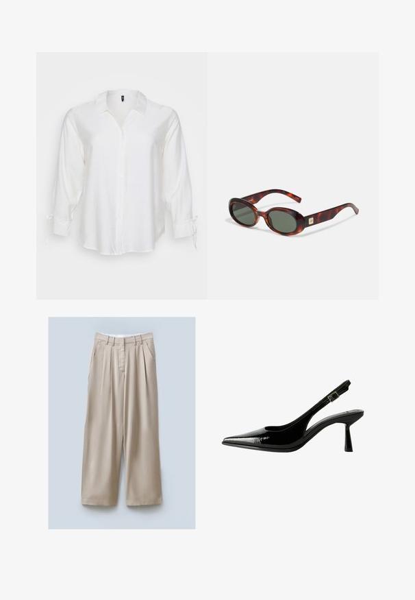 Weißes Hemd mit Knopfleiste aus leichtem Stoff, das einen Kragen, lange Ärmel mit Krawatten am Bündchen und einen lässigen Schnitt aufweist.; Beige weite Hose mit strukturiertem Finish, ausgestattet mit zwei Seitentaschen, vorderen Falten und einem Bund für einen sicheren Sitz.; Schwarze Lackleder Slingback-Pumps mit spitzem Zeh, ausgeschnittenen Seiten, verstellbarem Knöchelriemen und einem dünnen, eleganten Absatz.; Schildkrötenmuster Sonnenbrille mit dunklen Gläsern, ovaler Form und breiten Bügeln. Verfügt über eine kleine goldene Akzentuierung an der Seite. Hergestellt aus glattem Kunststoff.; Weißes Handtasche mit geschwungener Silhouette, strukturiertem Leder, goldenen Beschlägen und einem abnehmbaren Tragegurt mit Logo- und Schnallendetails.