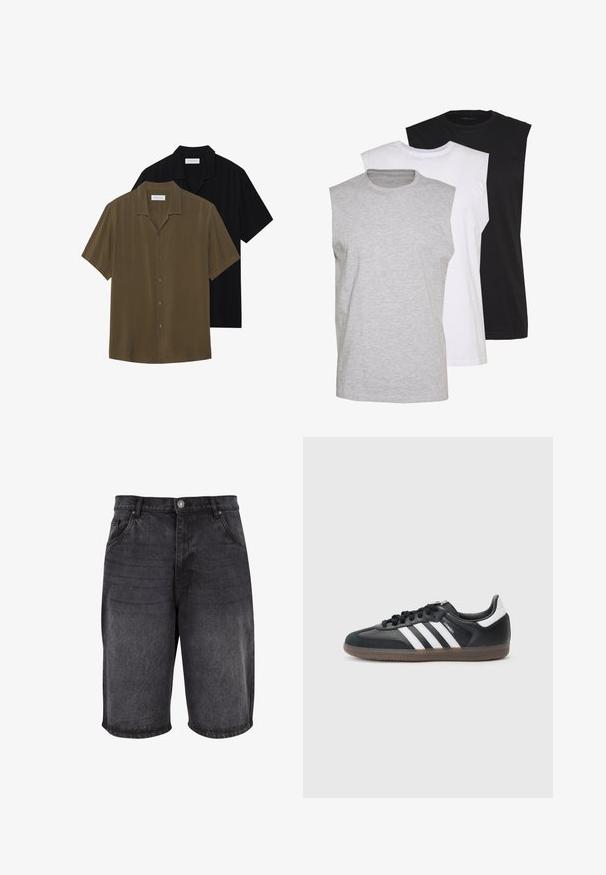 Camicie a manica corta con bottone in verde oliva e nero, caratterizzate da un tessuto liscio, orlo dritto e colletto a punta con una leggera lucentezza.; Tre magliette senza maniche in grigio, bianco e nero. Materiale in cotone morbido con scollatura a girocollo e vestibilità rilassata. Design semplice, senza motivi.; Shorts in denim nero con una vestibilità rilassata, design a cinque tasche e chiusura con bottone. Il tessuto ha una texture liscia con un leggero effetto sbiadito.; Sneaker in materiale sintetico nero con design a tre strisce bianche, suola con grip testurizzato e lacci neri. Stile atletico a taglio basso.