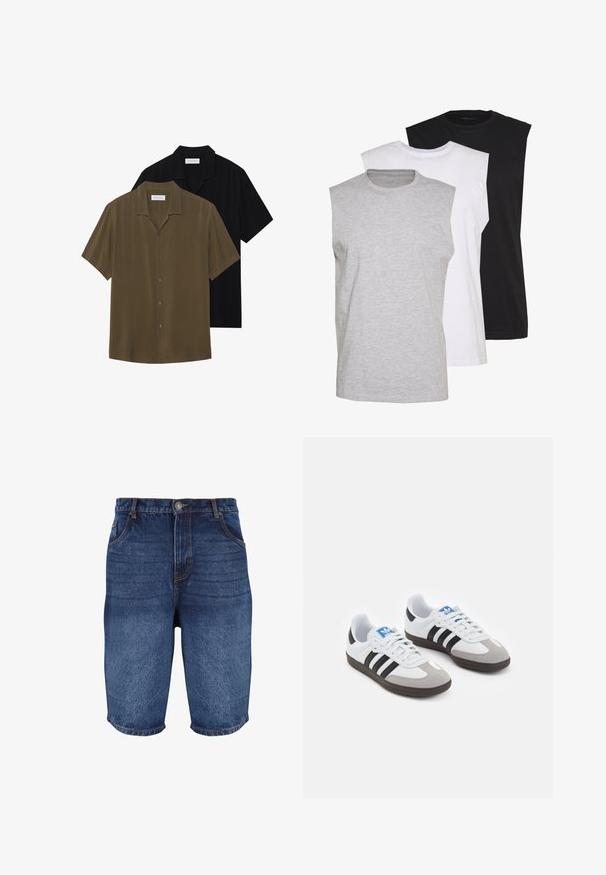 Kortermede skjorter med knapper i olivengrønn og svart, med en glatt stoff, rett kant og spiss krage med subtil glans.; Tre sleeveless t-skjorter i grått, hvitt og svart. Mykt bomullsmateriale med rund hals og avslappet passform. Enkel design, uten mønstre.; Jeanshorts i mørkeblå med en falmet finish. Har fem lommer, knaplukning foran og syet detaljering langs sømmene.; Sportssko med en hvit skinnoverdel, grå semsket tå og tre svarte striper. Har en blå logo på tungen og en teksturert gummisåle.