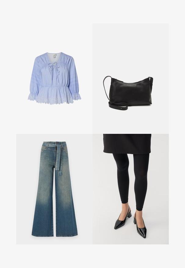 Světle modrá halenka s vertikálními pruhy, nařaseným výstřihem, detailem na zavázání, elastickým pasem a bílou květinovou krajkou na lemu. Dlouhé rukávy.; Džínové kalhoty širokého střihu s přechodem od světlé k tmavě modré, vysokým pasem, poutky na opasek a odpovídajícím opaskem ze stejného materiálu. Texturovaná džínovina.; Černé legíny spárované s černými slingback podpatky s špičatou špičkou a blokovým podpatkem. Materiály vypadají leskle a elegantně.; Černá kožená taška přes rameno s hladkým povrchem, zakřiveným tvarem, nastavitelným popruhem a zipovým uzávěrem. Minimalistický design bez zdobení.