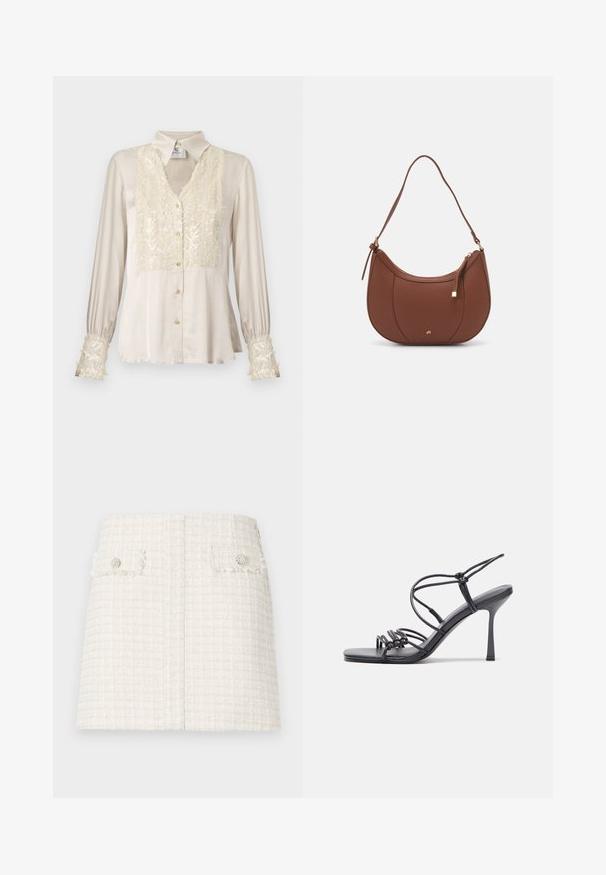 Beige satin blouse with a v-neck, embellished sequined front and cuffs, long sleeves, and gold button detailing. Smooth texture, elegant design.; White tweed mini skirt with a textured, checkered pattern. Features two front flap pockets with decorative buttons. Straight hem design.; Black high-heeled sandals feature thin straps with a knotted design, a smooth square toe, and a sleek stiletto heel.; Brown faux leather shoulder bag with curved shape, minimal stitching, and a gold-tone hardware accent. Features a top zipper closure and adjustable strap.; Silver hoop earrings with a smooth, shiny finish. Rounded shape, lightweight design, featuring a post-back closure.