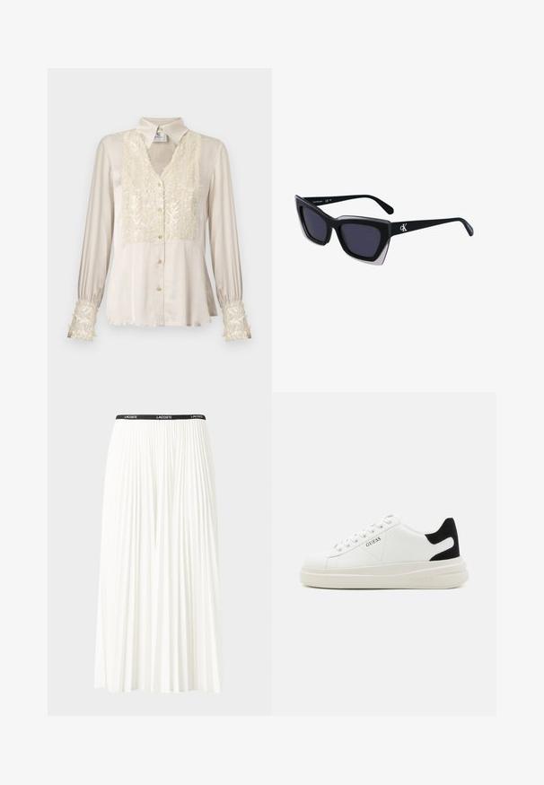 Béžová saténová blúzka s výstrihom do V, ozdobeným predným dielom a manžetami pokrytými flitrami, dlhými rukávmi a zlatými gombíkovými detailmi. Hladká textúra, elegantný dizajn.; Plisovaná biela sukňa s čiernym elastickým pásom s logom "LACOSTE". Sukňa je stredne dlhá a má mäkkú textúru.; Biele kožené tenisky s hrubou bielou podrážkou, čiernym zamekom na päte a vyrazeným logom na boku. Šnurovací dizajn so šiestimi očkami.; Čierne oversized slnečné okuliare s geometrickým tvarom, s tmavými šošovkami a kontrastným šedým detailom na ráme. Logo na mostíku.