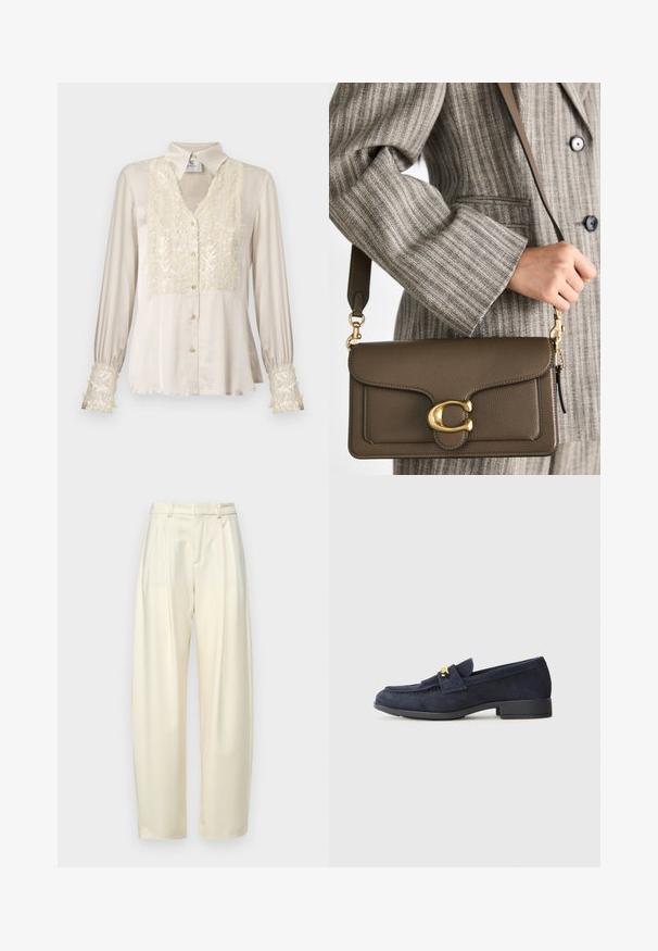 Blusa de satén beige con escote en V, decorada con un frontal y puños de lentejuelas, mangas largas y detalles de botones dorados. Textura suave, diseño elegante.; Pantalones pliegues de talle alto en un tejido crema claro. Presentan un corte recto y una textura suave. Sin bolsillos ni herrajes visibles.; Mocasines de ante en color marino con un bajo tacón negro, que presentan un detalle decorativo de hardware dorado en la parte delantera y un diseño de punta redondeada.; COACH TABBY SHOULDER BAG 26 - Bolso de mano - dark stone