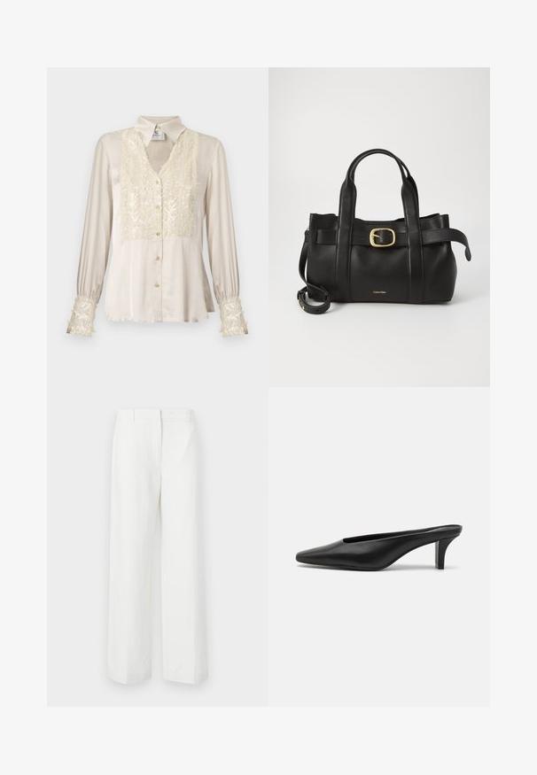 Bežinė satino bluzonė su V formos iškirpte, puošta blizgučiais priekyje ir ant rankogalių, su ilgomis rankovėmis ir auksiniais mygtukais. Lygi tekstūra, elegantiškas dizainas.; Balti pločio kelnės su glotnia tekstūra, su lygia priekiu ir presuotomis raukšlėmis. Pagamintos iš lengvo audinio, be matomų raštų.; Juodi odiniai mulesai su smailiu priekiniu kraštu ir žemu stiletto kulnu. Lygi tekstūra, minimalistinis dizainas ir atvira nugarėlė patogiam dėvėjimui.; Juodas odinis rankinės maišas su struktūrizuotu dizainu, dviem viršutinėmis rankenomis, auksinės spalvos sagtimi ir iškilniu prekės ženklu priekyje.