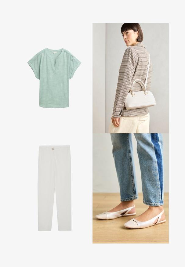 Lys grøn bluse med korte ærmer, en V-udskæring og en struktureret vævning. Har subtile syninger langs skuldrene.; Hvide, skrædderlavede bukser med lige ben design, udstyret med knaplukning, bæltesløjfer og sidelommer; glat stoftekstur.; Lyserøde slingback flade sko med spidse tær, lavet af et glat læderlignende materiale. Har udskæringsdetaljer på siderne og en flad hæl.; Hvid struktureret taske med korte håndtag og en skulderrem, prydet med guldfarvede hardwaredetaljer og tekstureret materiale, præsenteret mod en grå baggrund.