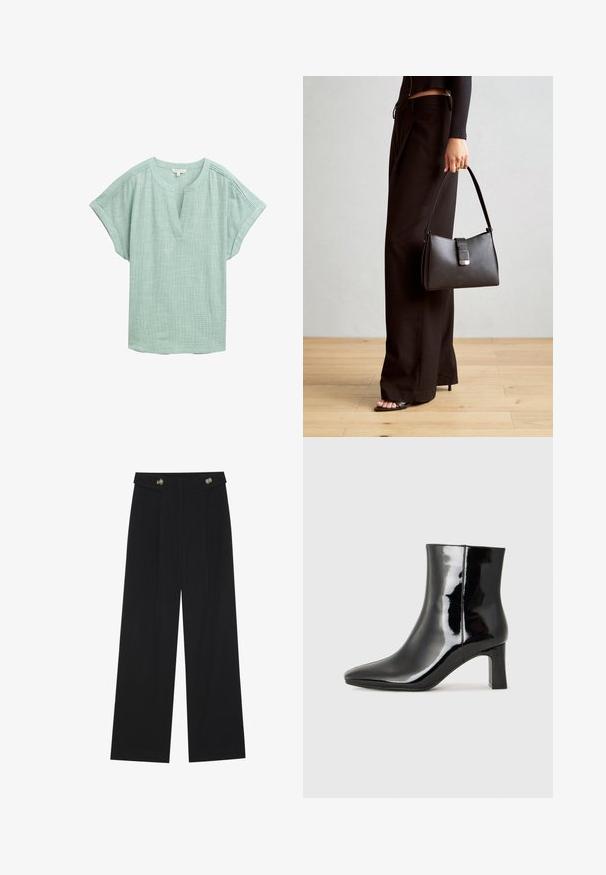 Svetlozelená blúzka s krátkymi rukávmi, výstrihom do V a textúrovaným tkaním. Obsahuje jemné švy pozdĺž ramien.; Čierne široké nohavice s vysokým pásom, so zapínaním na gombíky na páse a prednými sklady.; Čierne lakované členkové topánky s špicatou špičkou a stredne vysokým blokovým podpätkom. Hladká textúra a minimalistický dizajn.; Čierna kabelka so štruktúrovaným tvarom, hladkou textúrou a kovovou sponou. V kombinácii so širokými čiernymi nohavicami a sandálmi s otvorenou špičkou na drevenej podlahe.