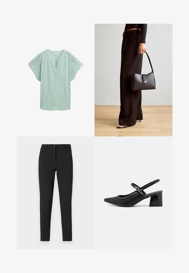 Šviesiai žalia palaidinė su trumpomis rankovėmis, V formos iškirpte ir tekstūruotu audiniu. Yra subtilių siūlių detalių palei pečius.; Juodos prigludusios kelnės iš lygaus audinio, su klasikiniu juosmeniu, priekiu užtrauktuku ir šoninėmis kišenėmis, turinčios elegantišką, pritaikytą išvaizdą.; Juodi patentinio odos slingback aukštakulniai su smailiu pirštu, apvaliu išpjovimu ir blokiniu kulnu. Papuošti auksiniu juostos akcentu.; Juodas rankinė struktūrizuota forma, lygi tekstūra ir metalinis užsegimas. Suporuota su plačiomis juodomis kelnėmis ir atvirais bateliais ant medinių grindų.