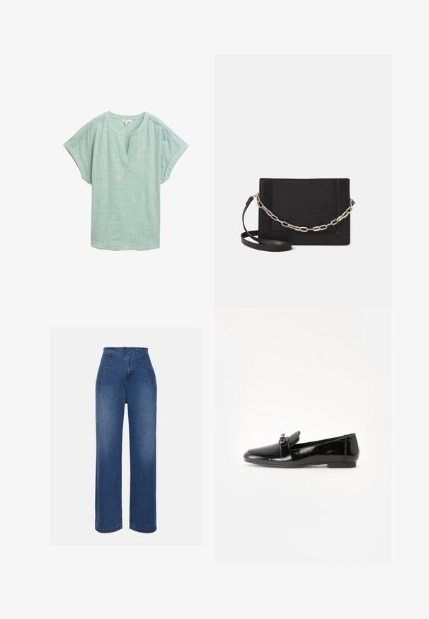 Gaiši zaļš blūze ar īsām piedurknēm, V-veida izgriezumu un teksturētu audumu. Satur smalkas šuvju detaļas plecu rajonā.; Augstas jostas denima bikses vidēji zilā krāsā. Iespējas ir priekšējie pogu akcenti un plata kāju dizains. Audumam ir gluda tekstūra ar nelielu nodilumu.; Melns lakots ādas loafers ar plakanu zoli, apaļu purngalu un dekoratīvu jostu ar zelta toņa akcentu. Gluda, spīdīga apdare.; Melna ādas crossbody soma ar gludu faktūru, taisnstūrveida formu un metalizētu ķēdes detaļu priekšā. Iekļauta regulējama siksna.