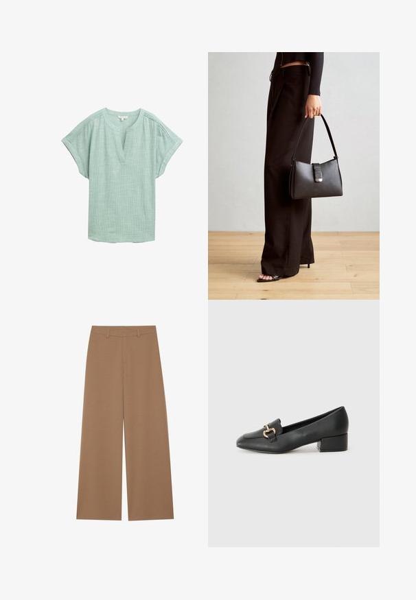 Világoszöld blúz rövid ujjakkal, V-nyakú kivágással és texturált szövettel. Finom varrási részletek találhatók a vállaknál.; Széles lábú nadrág egységes barna színben, texturált anyagból készült; magas derekú, strukturált kialakítással és övhurkokkal rendelkezik.; Fekete bőr loaferek lapos talppal, dekoratív arany hardware részlettel az elején és sima felülettel.; Fekete kézi táska strukturált formával, sima textúrával és fémből készült záródással. Széles fekete nadrággal és nyitott orrú szandállal párosítva, fából készült padlón.